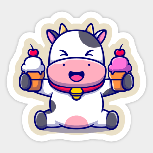 Cute Cow Holding Ice Cream Cartoon Sticker